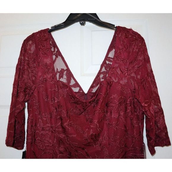 JS Collections Sz 12 Maroon Mesh Lined 3/4 Sleeve Midi Cocktail Sheath Dress $22 - Picture 3 of 8